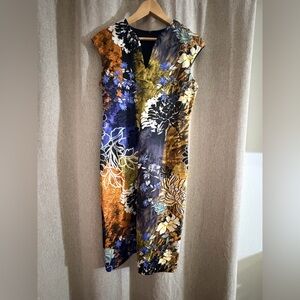 Connected Apparel Blue and Brown Floral Midi Dress